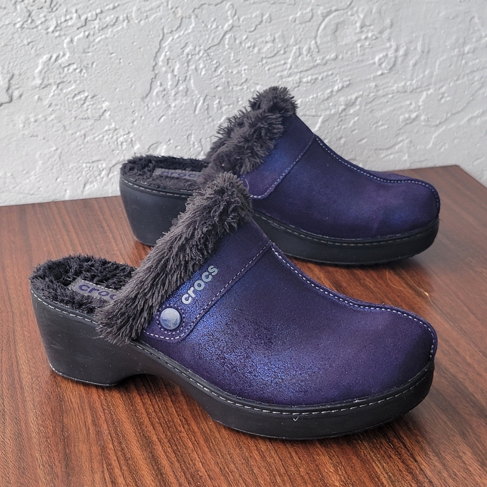 Crocs Cobbler Clogs Womens Sz 8 Leather Slides Slip On Faux Fur Shearling LIned